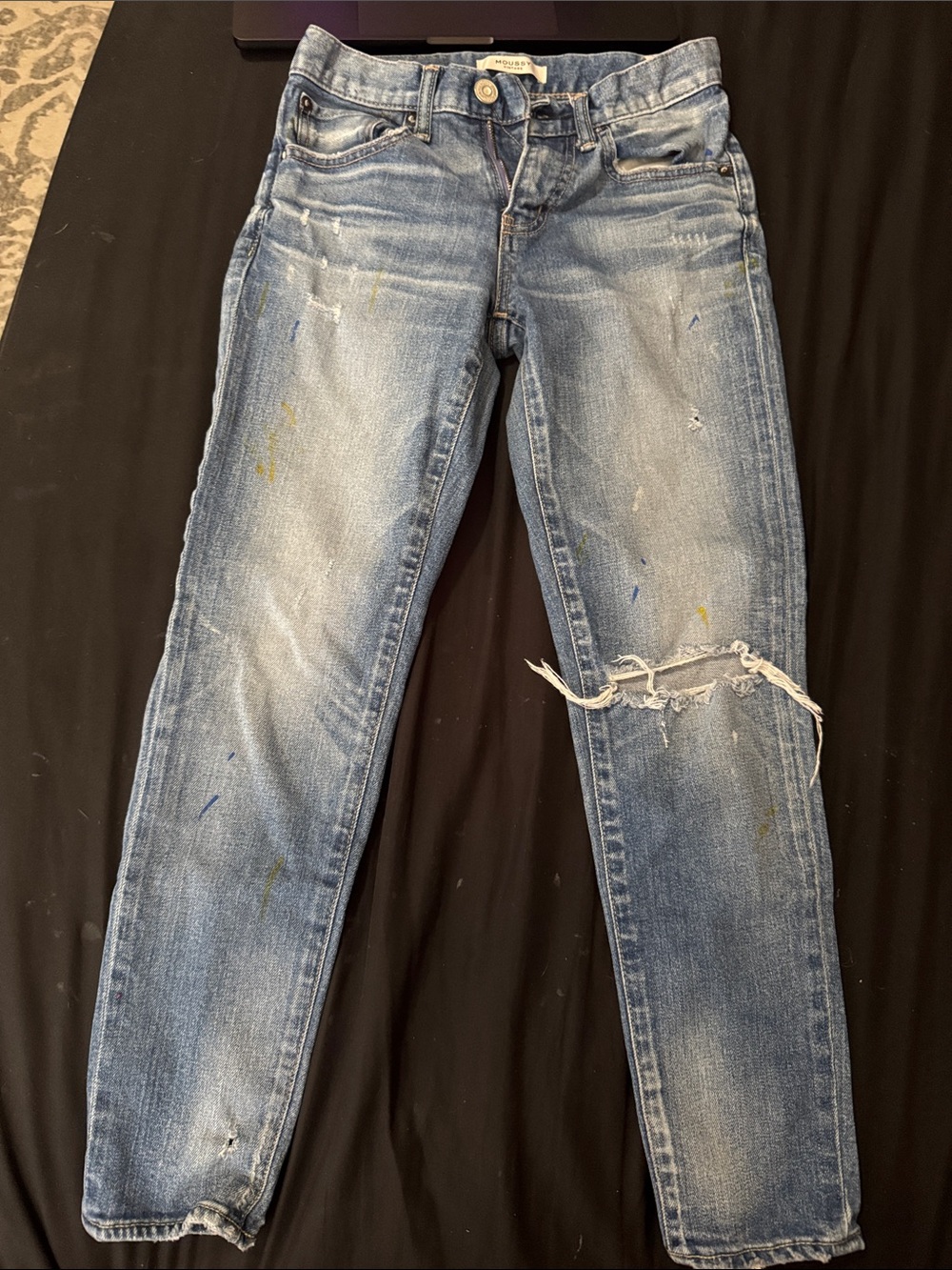Moussy Blue Denim Jeans with Yellow and Blue Paint Accents